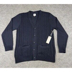 New Craft & Flow Cardigan Sweater Mens XL Blue Navy Cable Knit Pockets Preppy